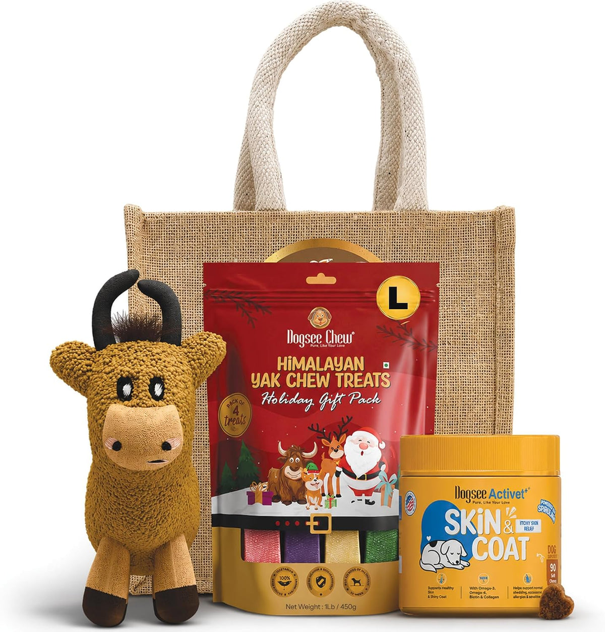 Dogsee Festive Yak Cheese Bars Large - 4 Bars + Activet Skin & Coat Chews (90) + Play Yakatoy Combo for Dogs