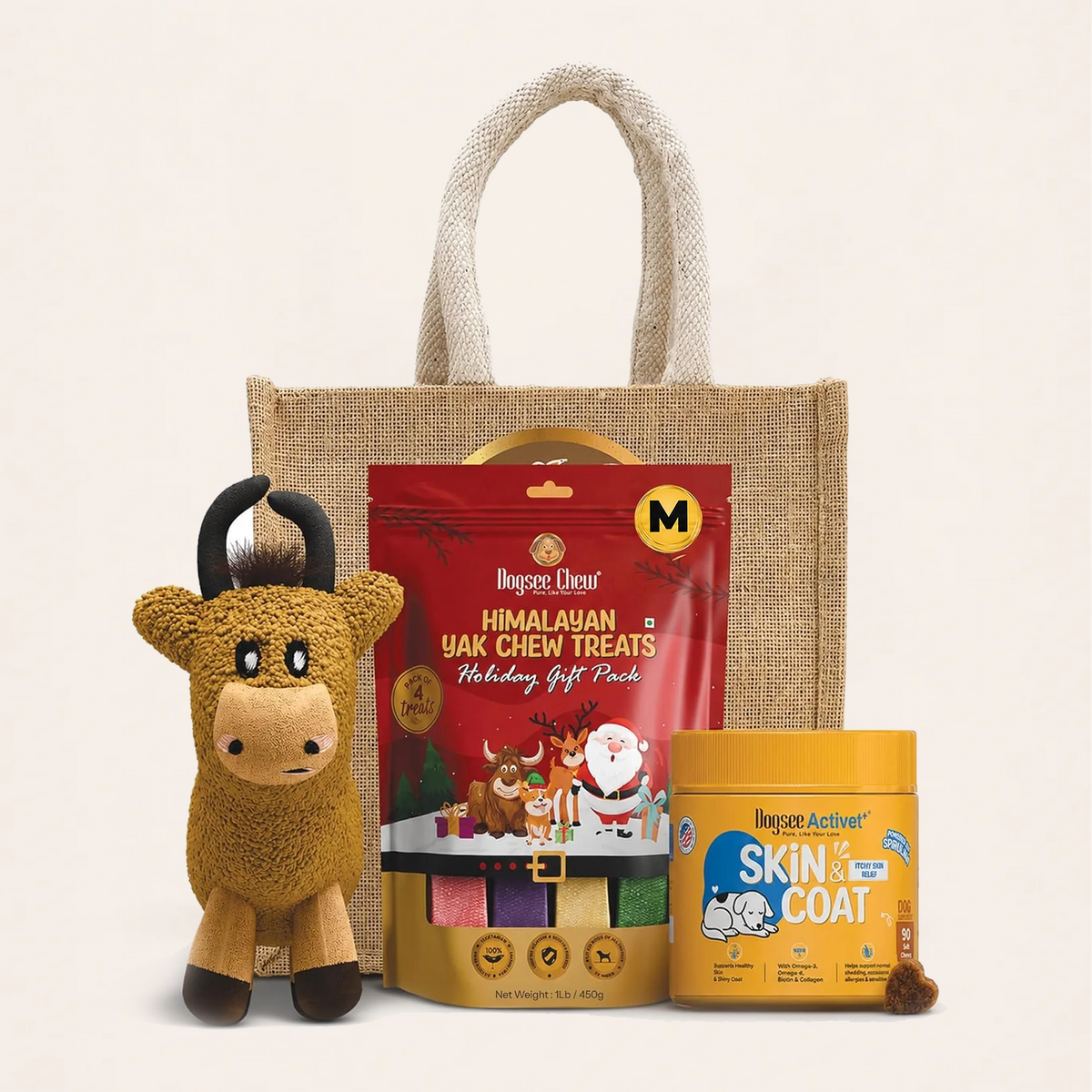 Dogsee Festive Yak Cheese Bars Large - 4 Bars + Activet Skin & Coat Chews (90) + Play Yakatoy Combo for Dogs